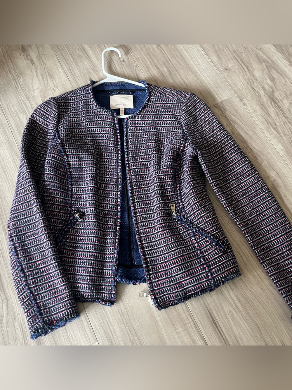 Rebecca Taylor Navy and Pink Tweed Zip-Front Jacket